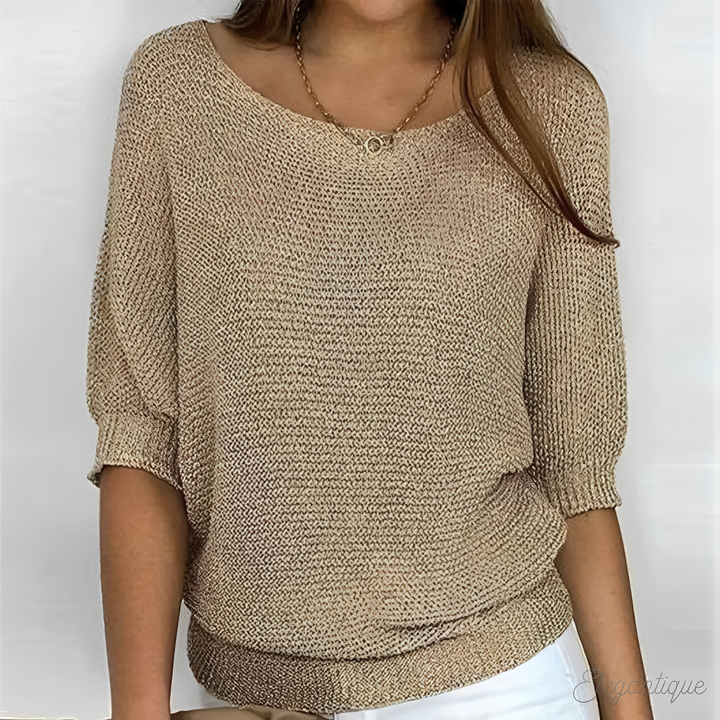 Corinne open knit half sleeve sweater in beige, front view