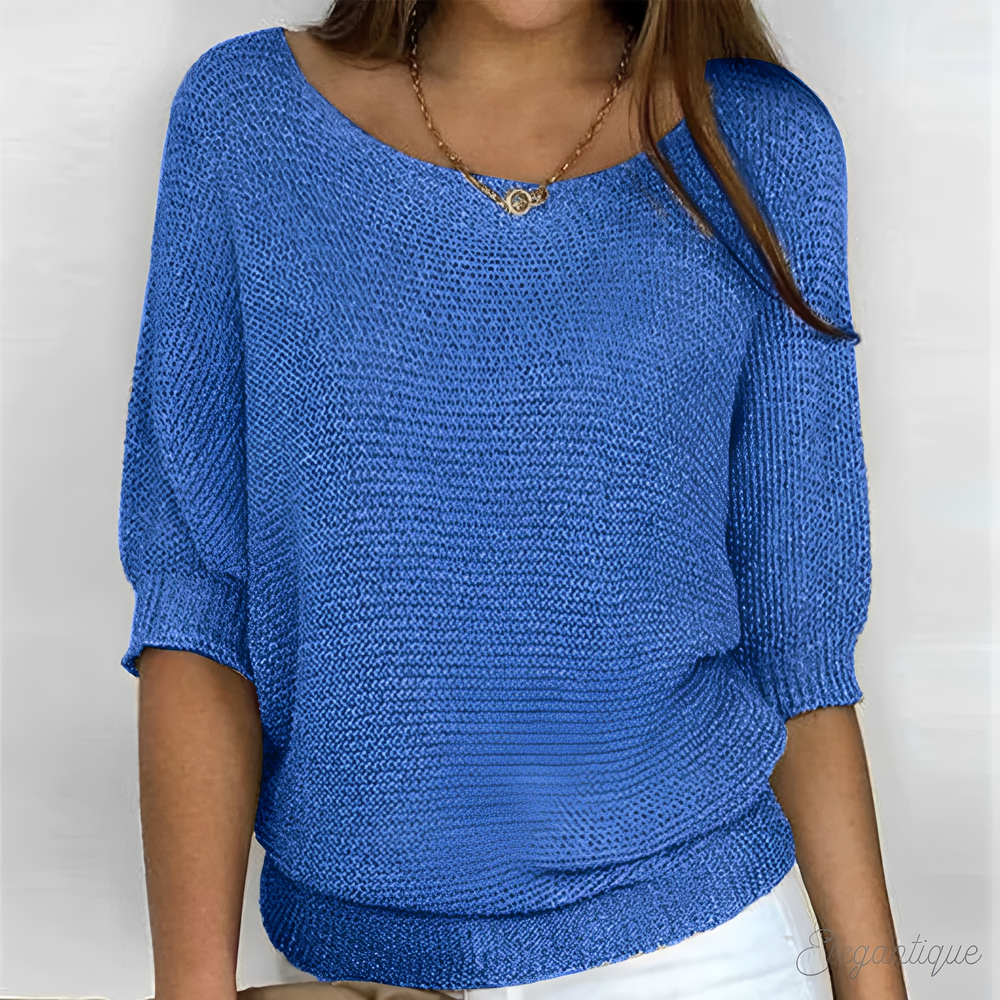 Corinne open knit half sleeve sweater in blue, front view