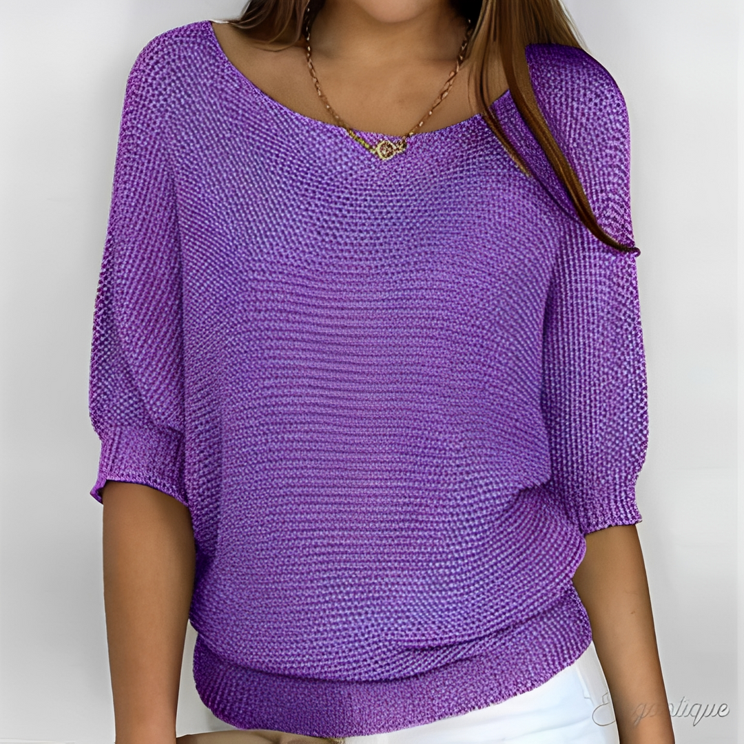 Corinne open knit half sleeve sweater in purple, front view