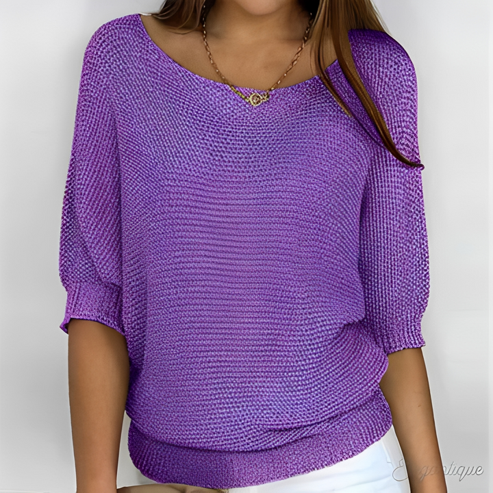 Corinne open knit half sleeve sweater in purple, front view