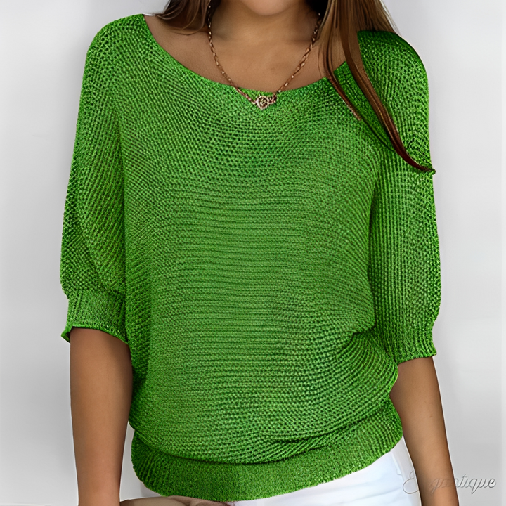 Corinne open knit half sleeve sweater in green, front view