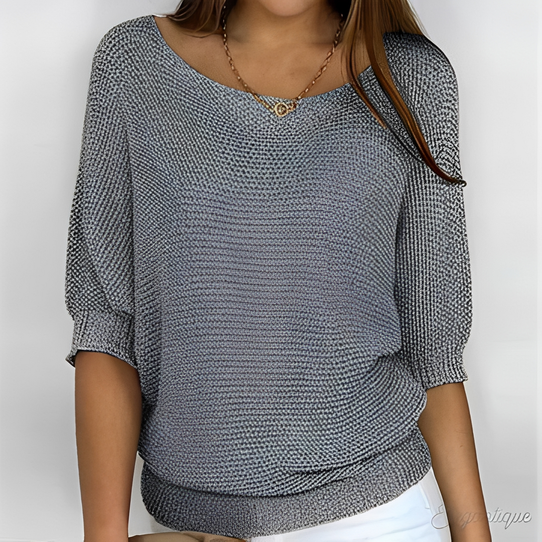 Corinne open knit half sleeve sweater in gray, front view