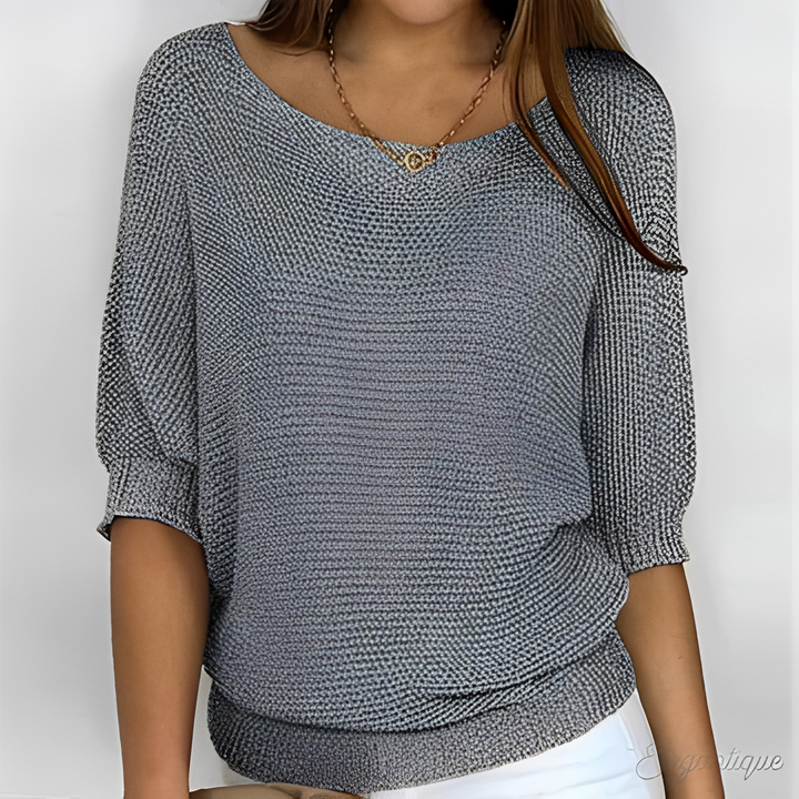 Corinne open knit half sleeve sweater in gray, front view