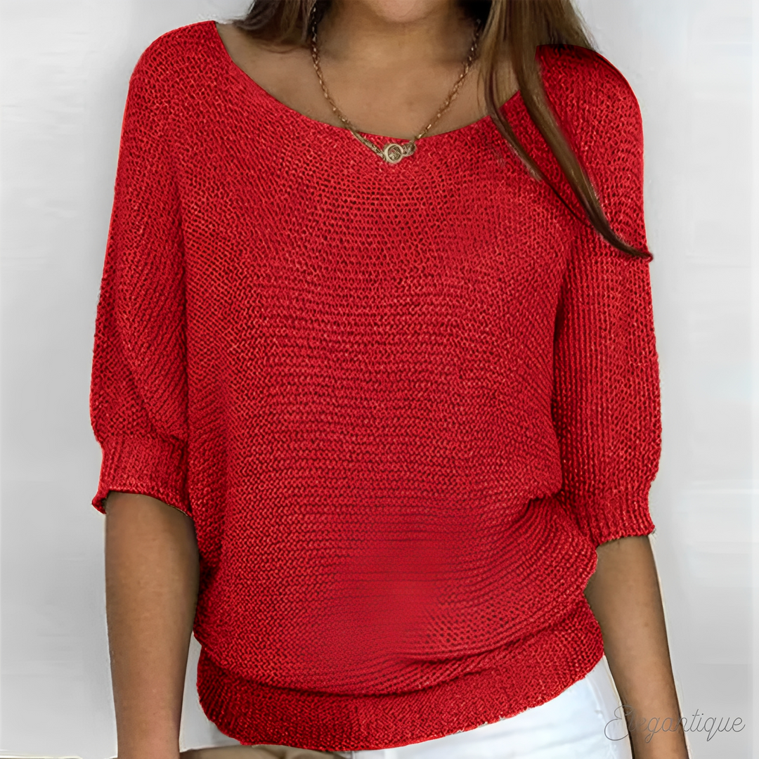 Corinne open knit half sleeve sweater in red, front view