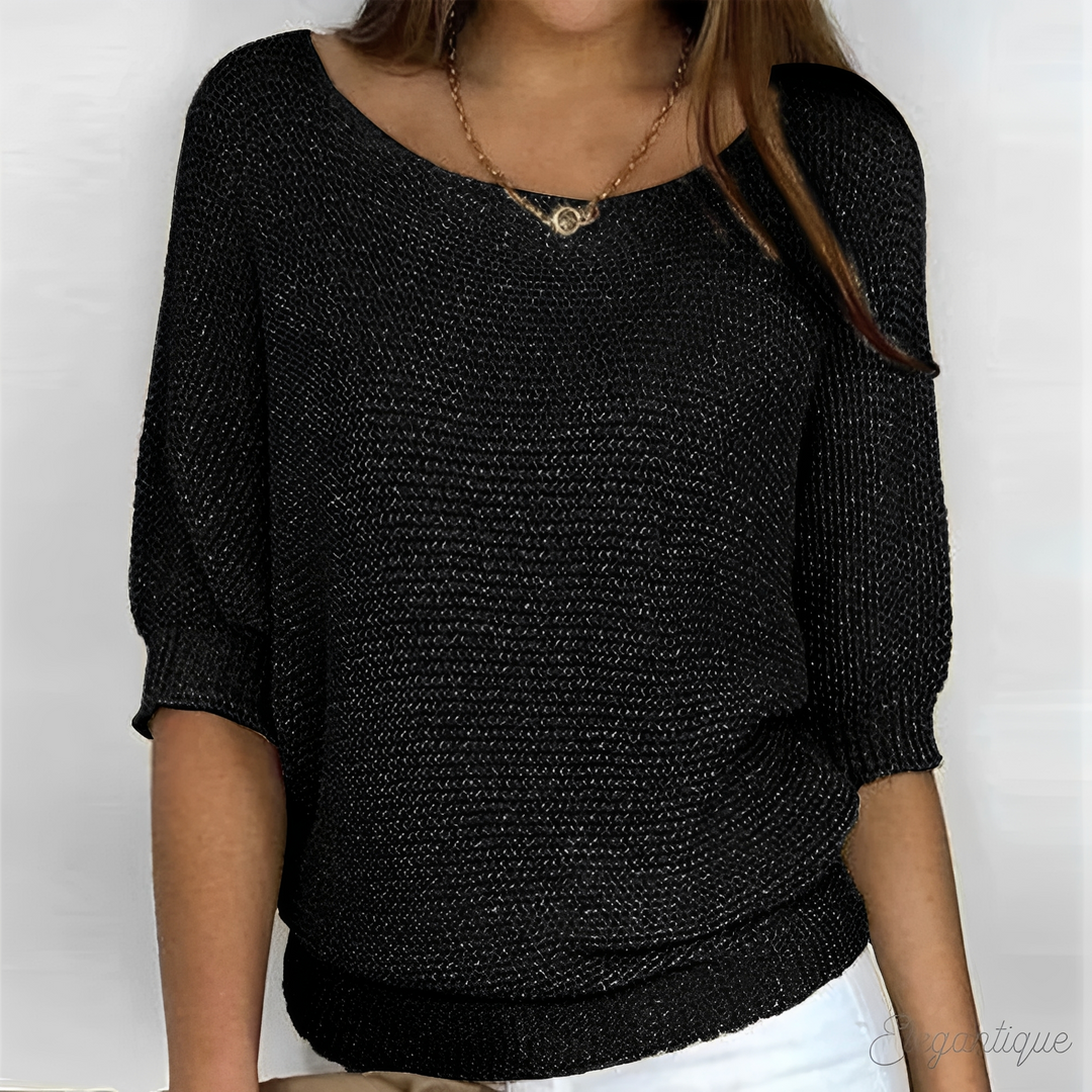 Corinne open knit half sleeve sweater in black, front view