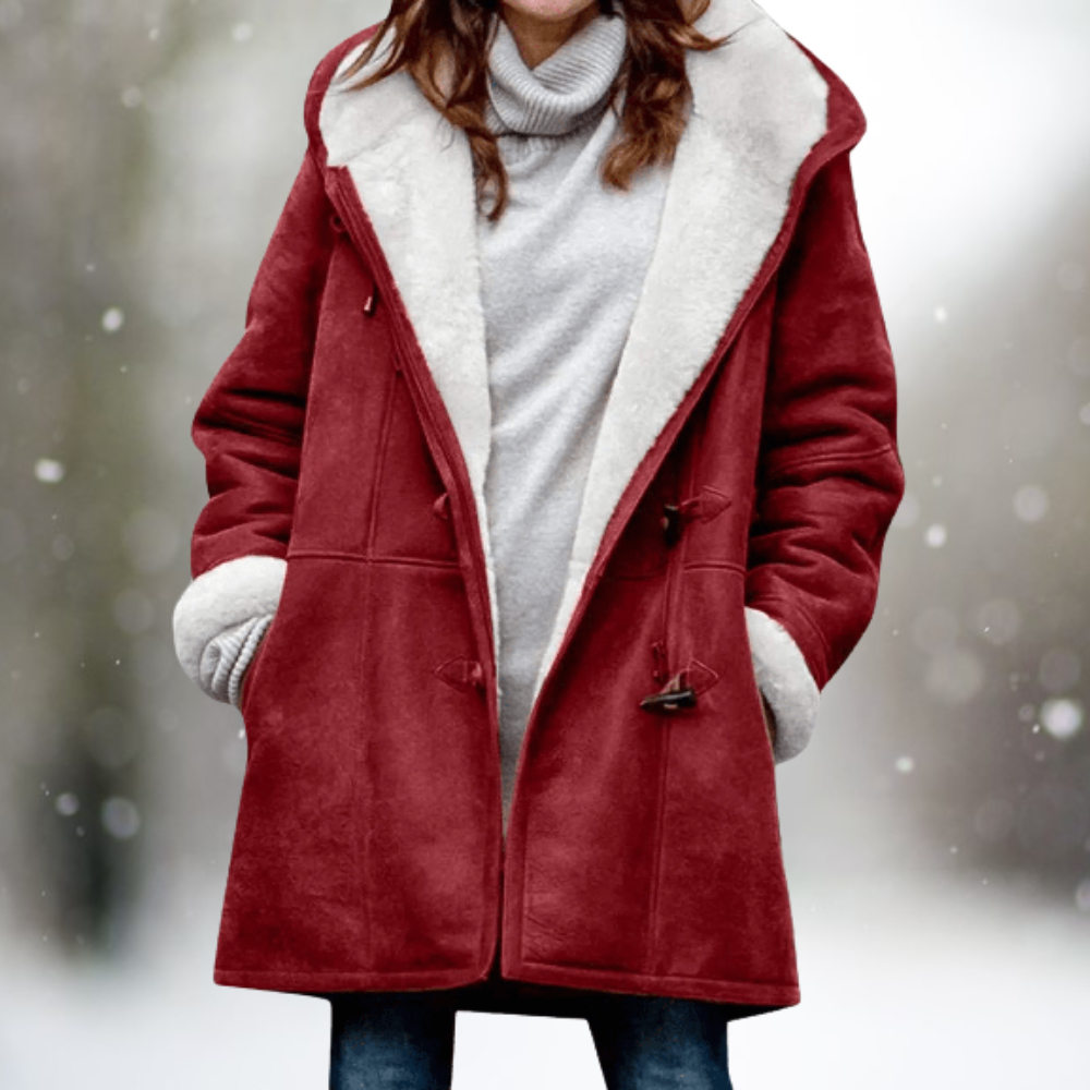 Corinne hooded shearling jacket in wine red, front view showing plush lining