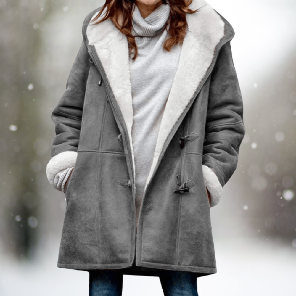 Corinne hooded shearling jacket in gray, front view with toggle closures
