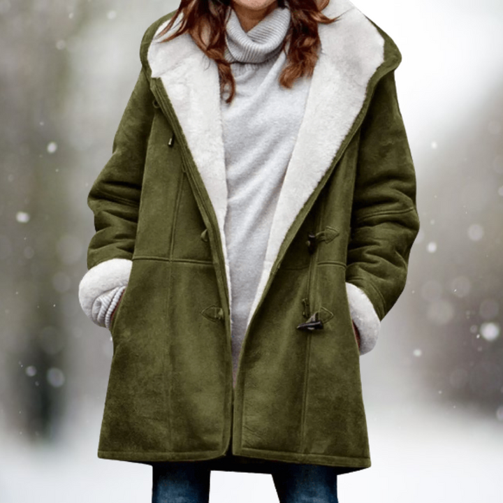 Corinne hooded shearling jacket in green, front view showing hood and silhouette