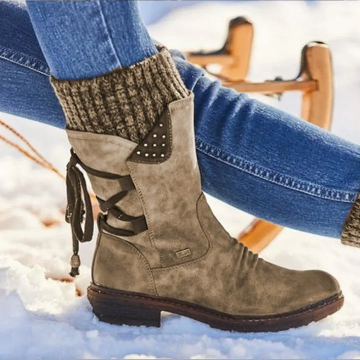 Corinne lace-up mid-calf boots in khaki, side view on model
