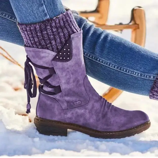 Corinne lace-up mid-calf boots in purple, side view on model