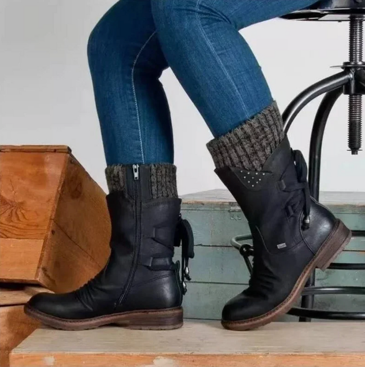 Corinne lace-up mid-calf boots in black leather, side view on model