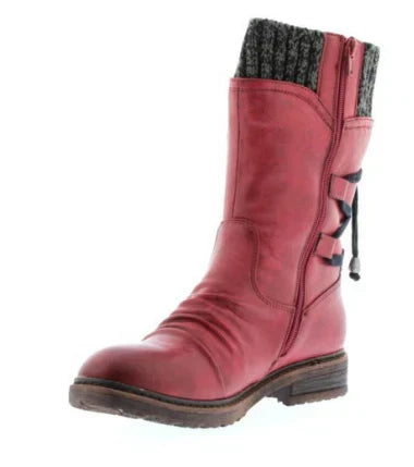Corinne lace-up mid-calf boots in red, product studio shot