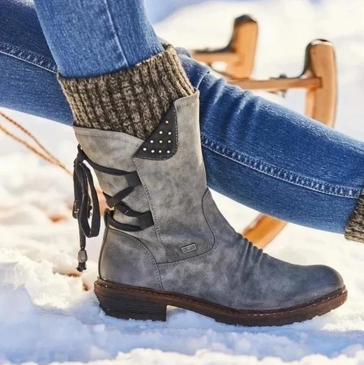 Corinne lace-up mid-calf boots in gray, close-up detail view