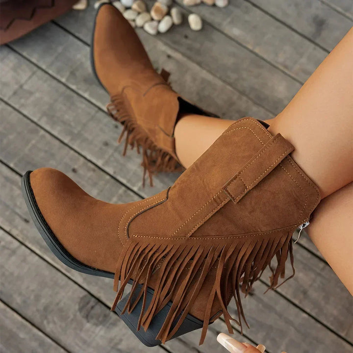 Dallas fringe cowboy boots with fold-over strap, close-up side view