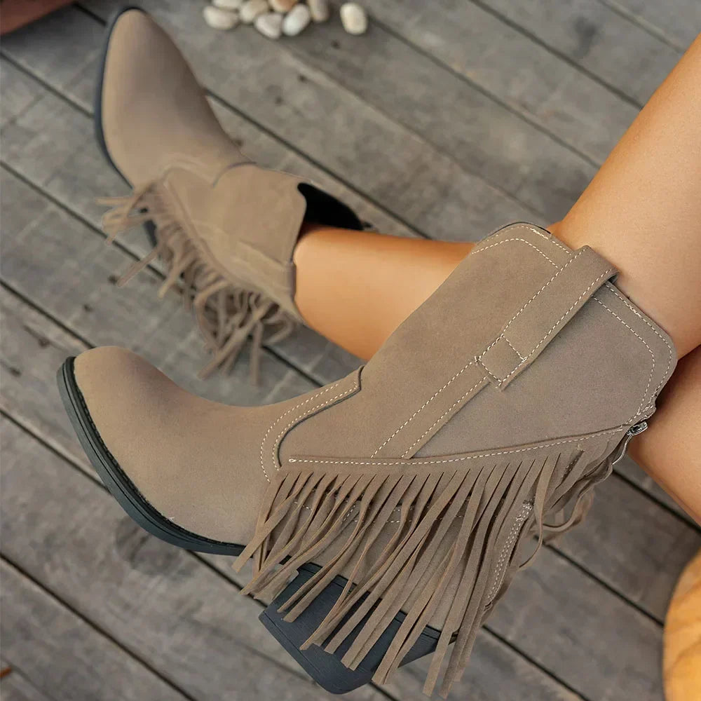 Dallas fringe cowboy boots in light tan, front view