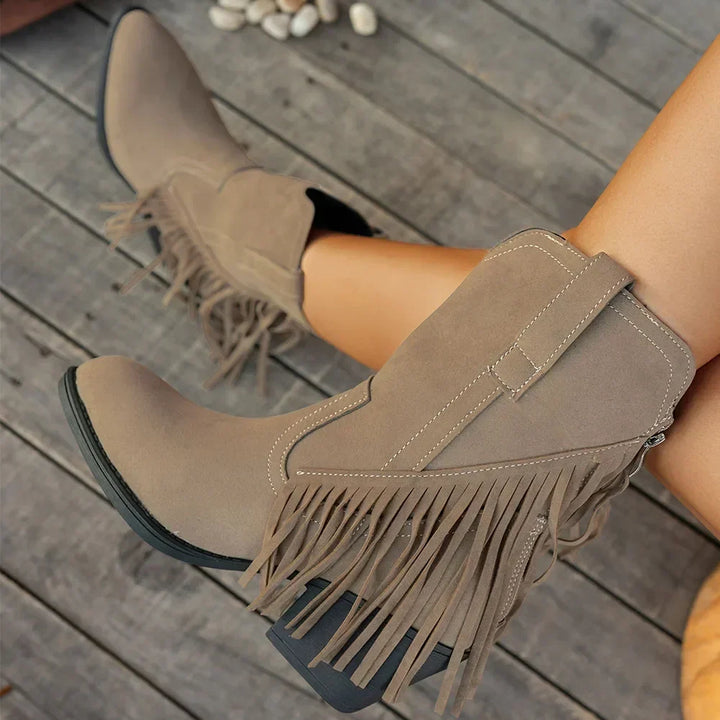 Dallas fringe cowboy boots in light tan, front view