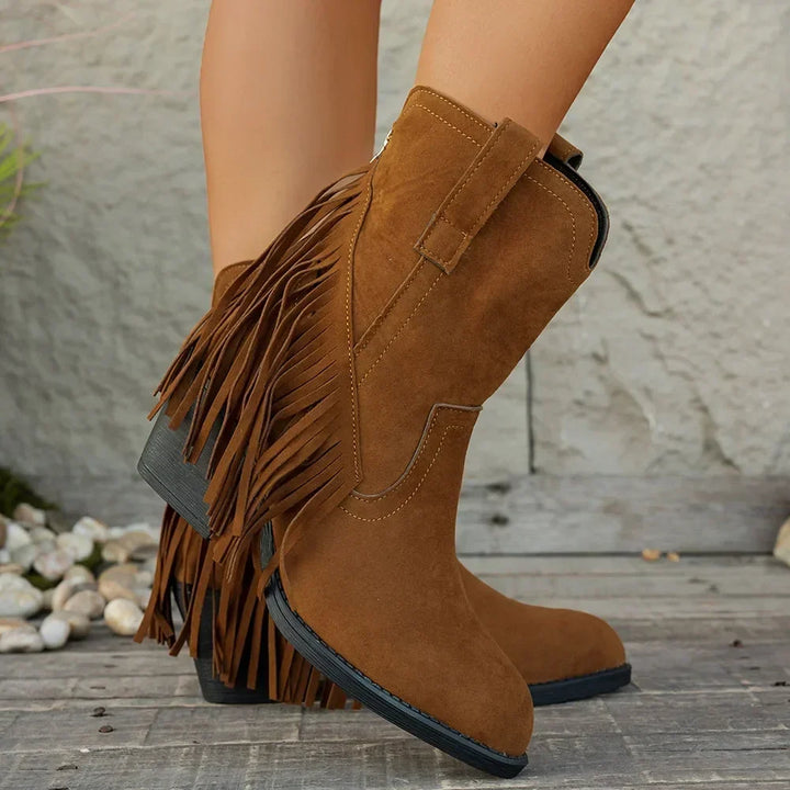 Dallas fringe cowboy boots, back view showing side zip and strap