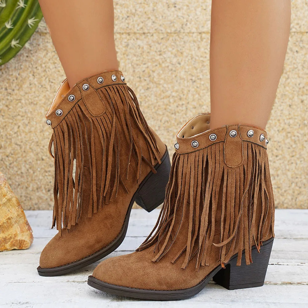 Dallas fringe cowboy boots with studded trim, front view