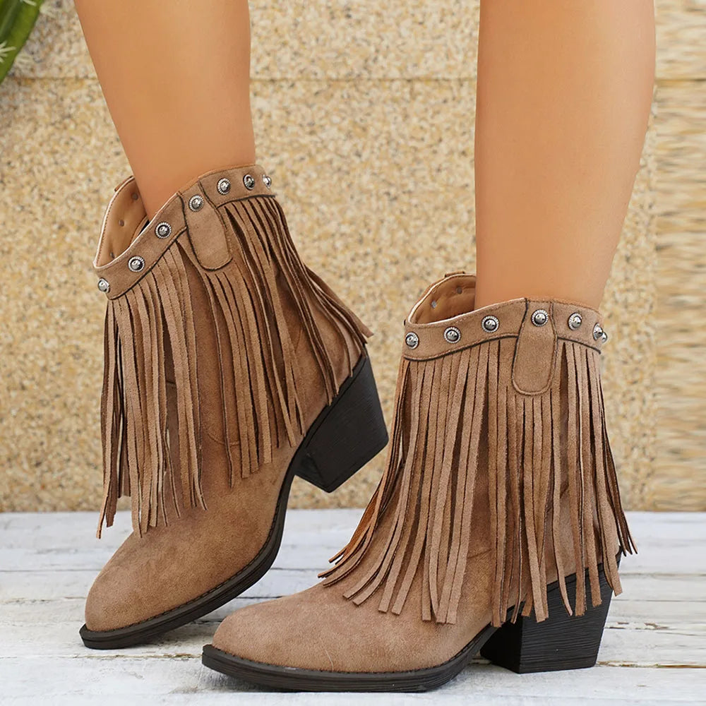 Dallas fringe cowboy boots in light tan, front view
