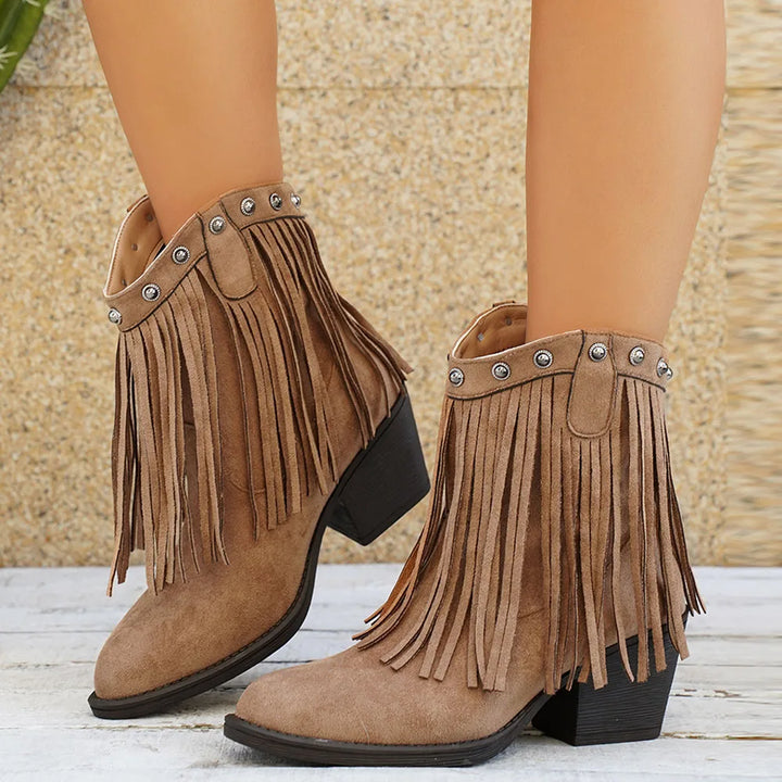 Dallas fringe cowboy boots in light tan, front view