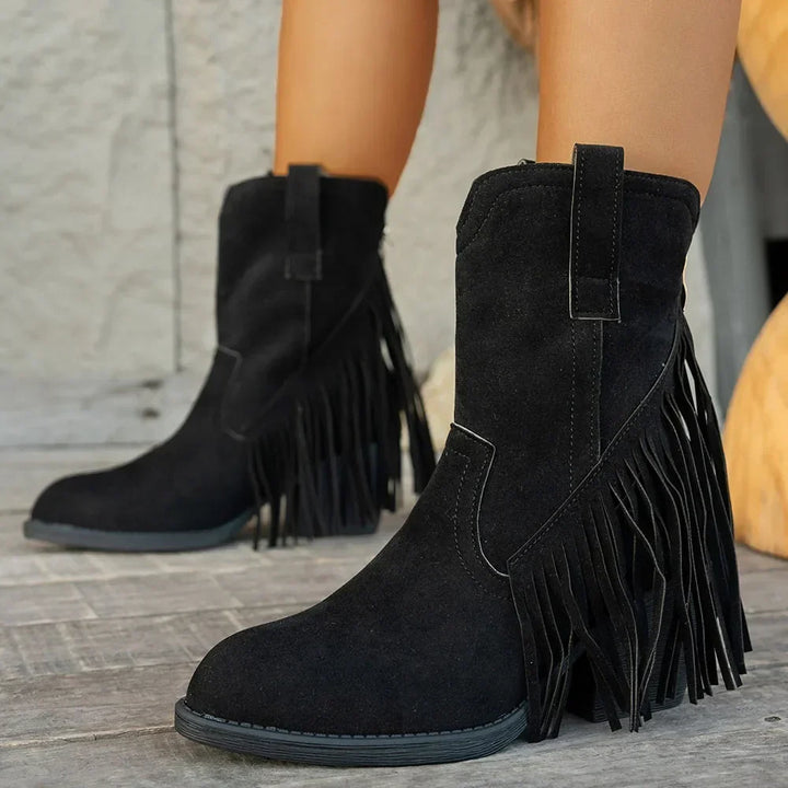 Dallas fringe cowboy boots in light tan, front view