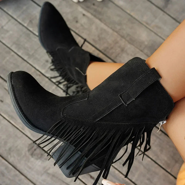 Dallas fringe cowboy boots in light tan, front view