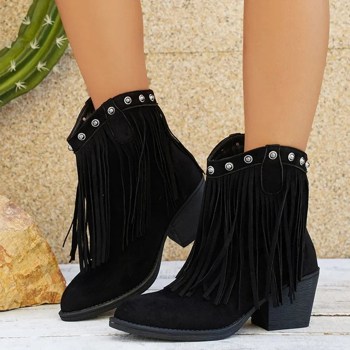 Dallas fringe cowboy boots in light tan, front view