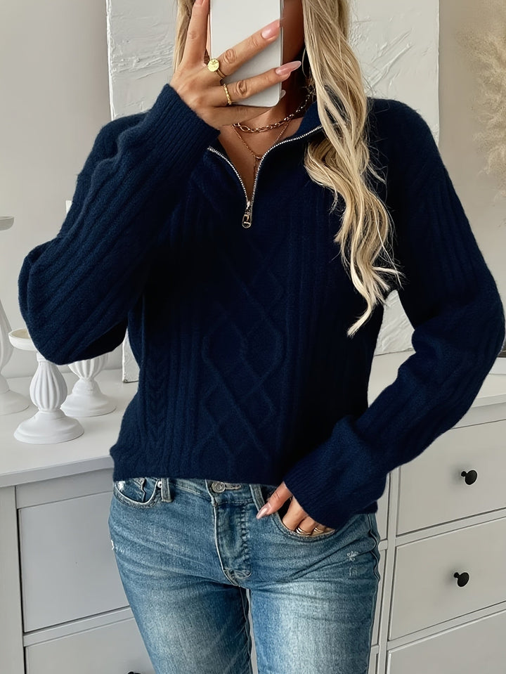 Della cable knit half-zip oversized sweater, close-up front detail