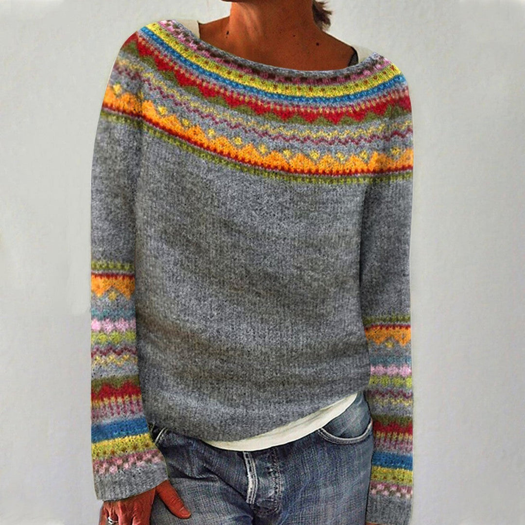Della Fair Isle crew neck sweater in gray with colorful patterned yoke, front view