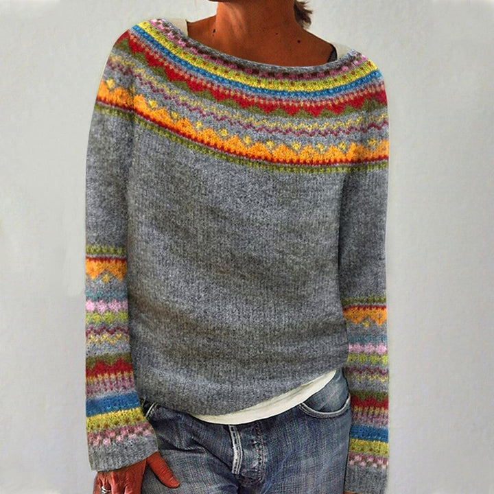Della Fair Isle crew neck sweater in gray with colorful patterned yoke, front view