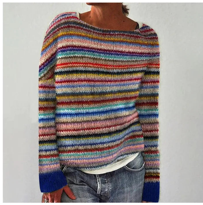 Della striped knit sweater with blue cuffs, front view