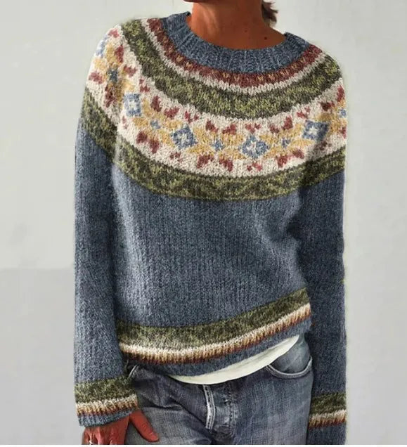 Della Fair Isle crew neck sweater in blue with floral patterned yoke