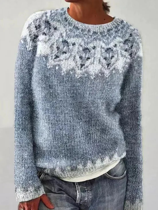 Della Fair Isle crew neck sweater in gray with snowflake pattern