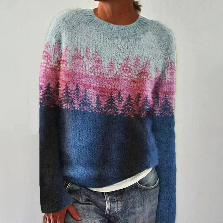Della crew neck sweater with pine tree patterned yoke in blue and pink ombre