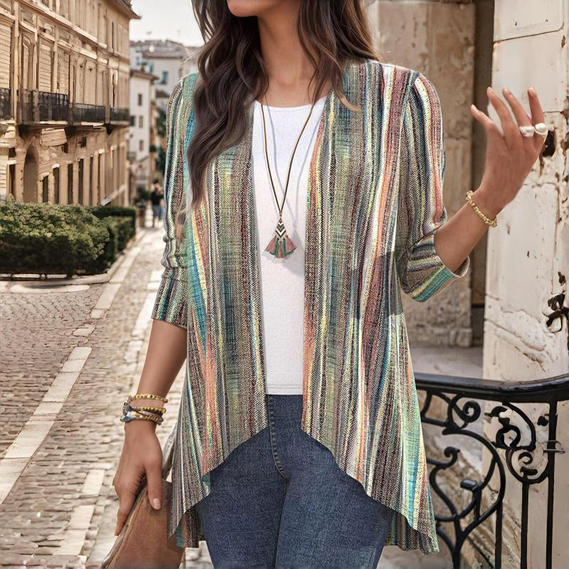 Della striped open front long sleeve cardigan, front view over white top and jeans