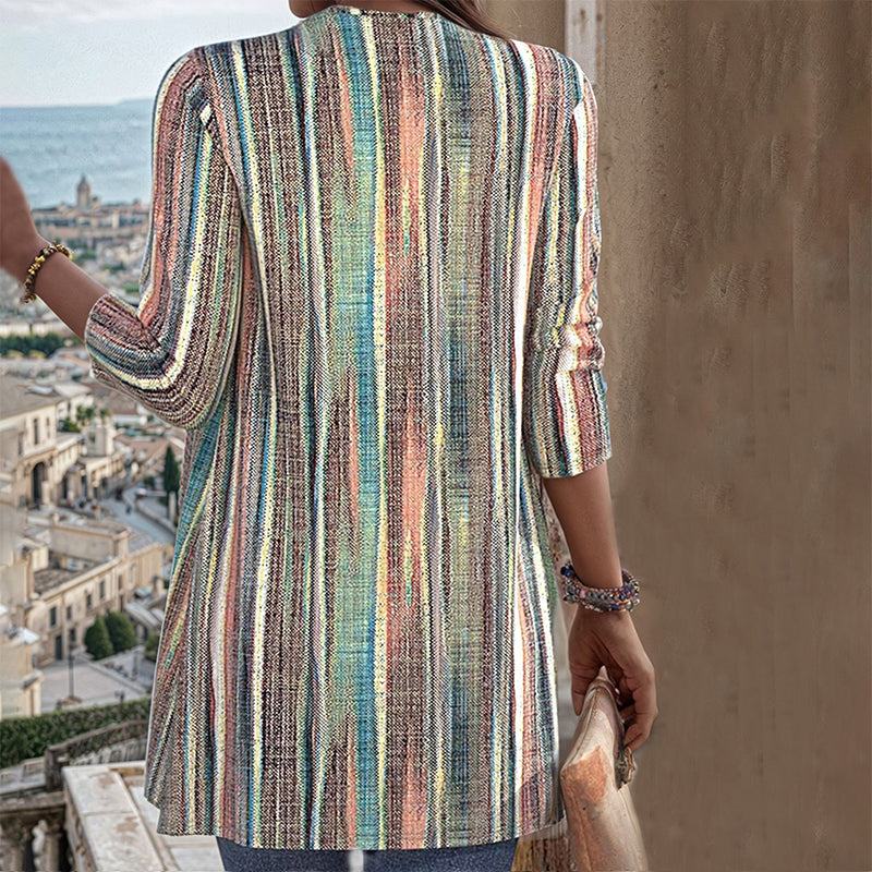 Della striped long sleeve cardigan, back view showing draped silhouette