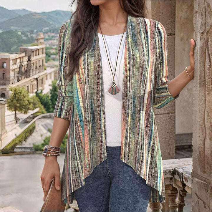 Della striped open front cardigan, close-up front detail with layered necklace