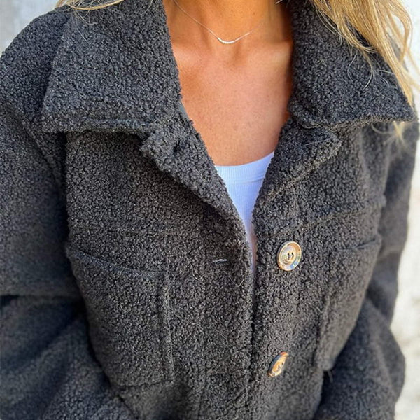 Delphine teddy coat in dark gray, front view close-up