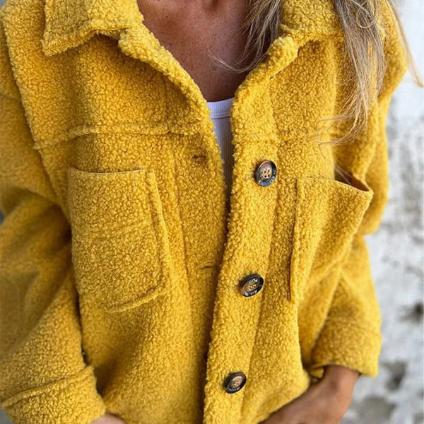 Delphine teddy coat in yellow, front view close-up