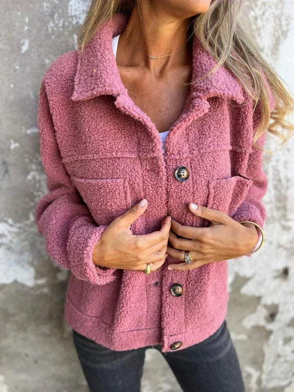 Delphine teddy coat in pink, front view on model