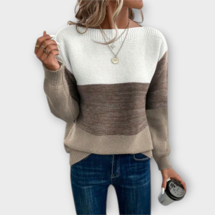 Delphine color block ribbed sweater in brown, back view showing horizontal stripes