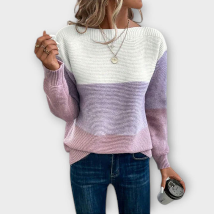 Delphine color block ribbed sweater in purple, back view showing horizontal stripes