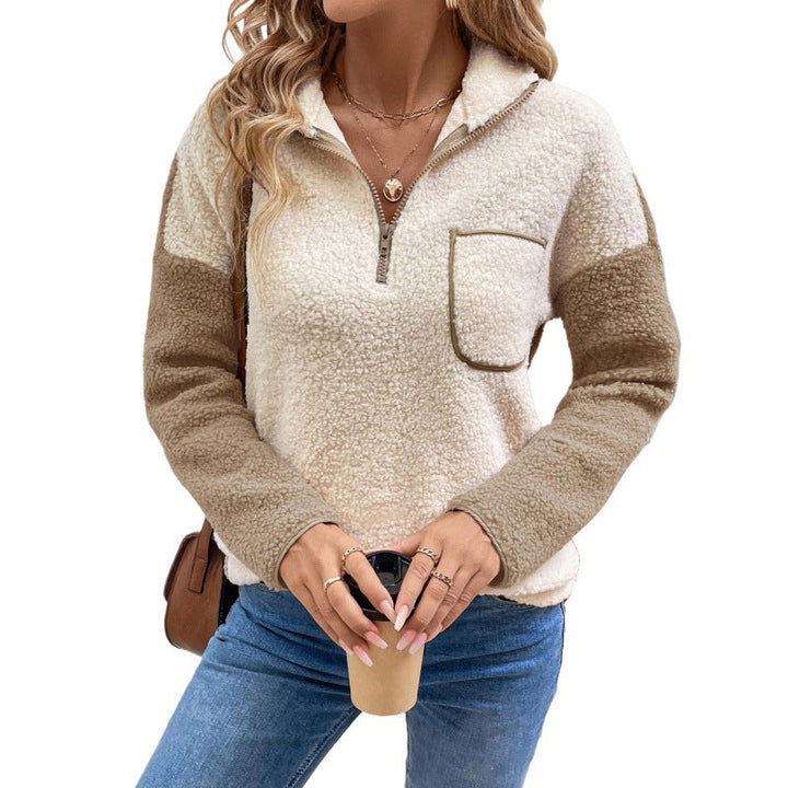 Delphine colorblock sweater with half-zip collar, front detail