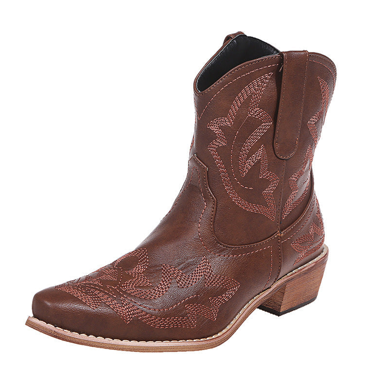 Delphine brown embroidered western cowboy boots, front angled view