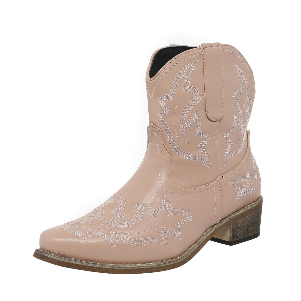 Delphine pink embroidered western cowboy boots, front angled view
