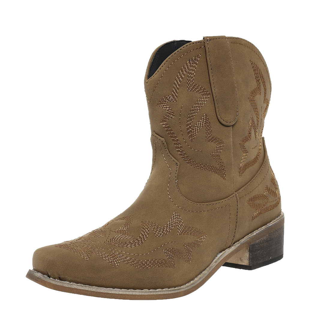 Delphine khaki embroidered western cowboy boots, front angled view