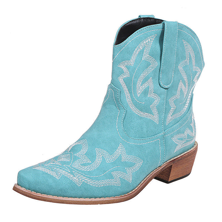 Delphine khaki embroidered western cowboy boots, front angled view