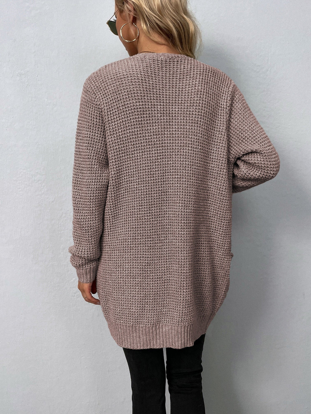 Delphine long waffle knit cardigan in mauve, back view
