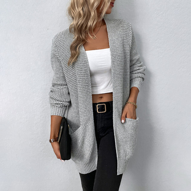 Delphine oversized waffle knit cardigan in gray, side view