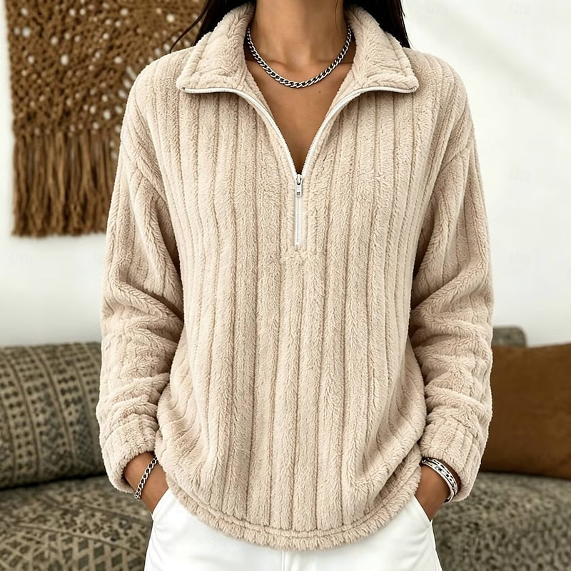 Delphine textured quarter-zip pullover sweater in apricot, front view close-up